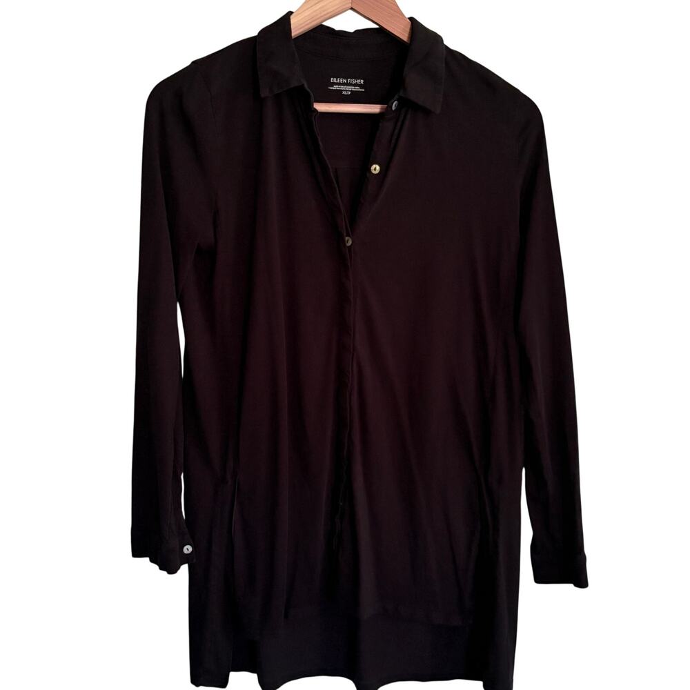 Eileen Fisher Button Down Tunic XS Black Shirt Top Capsule Minimalist Lagenlook